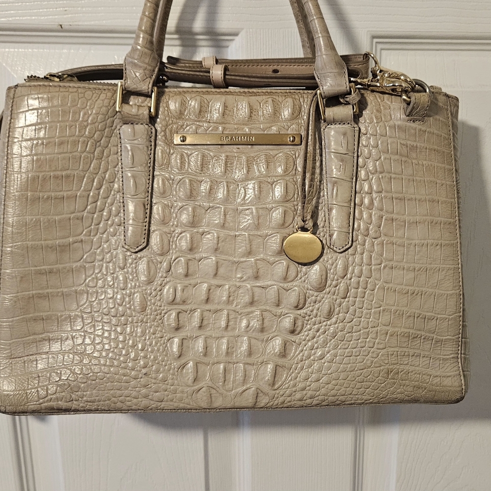Cream and Tan Shoulder Bag with Textured Surface and Woven Design